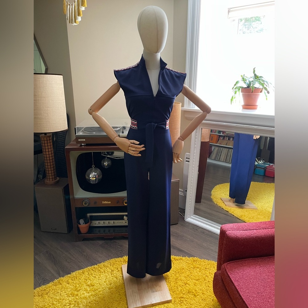 70’s Navy Jumpsuit with Attached Tie Belt